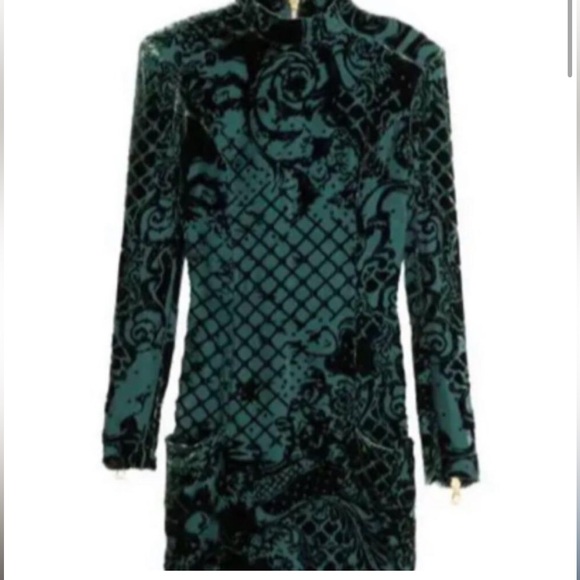 Balmain x H&M Velvet Crushed Green Long Sleeve Gold Zip Dress - Picture 4 of 6